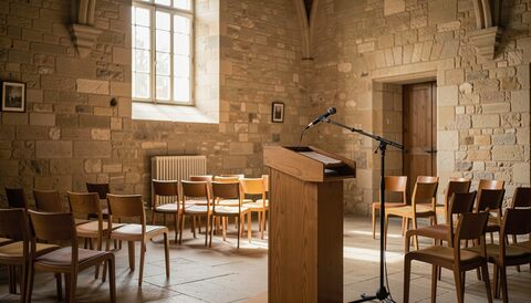 Pupitre de bois muni d'un microphone sur pied, dressé devant des rangées de chaises vides dans une salle aux murs de pierre dorée, haute fenêtre et porte de bois au fond, lumière chaude de fin d'après-midi.